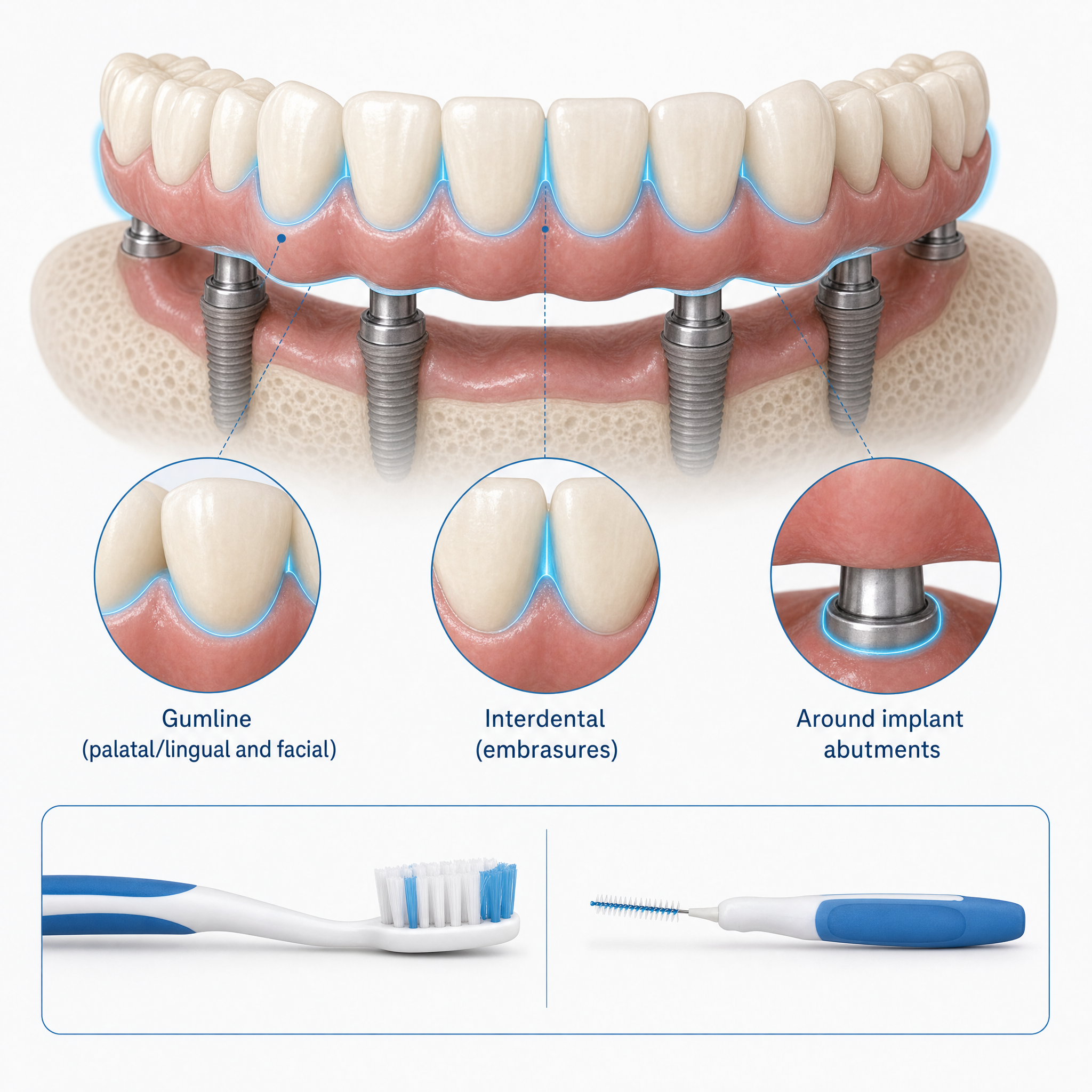 Illustration of cleaning areas around an implant-supported full-arch restoration