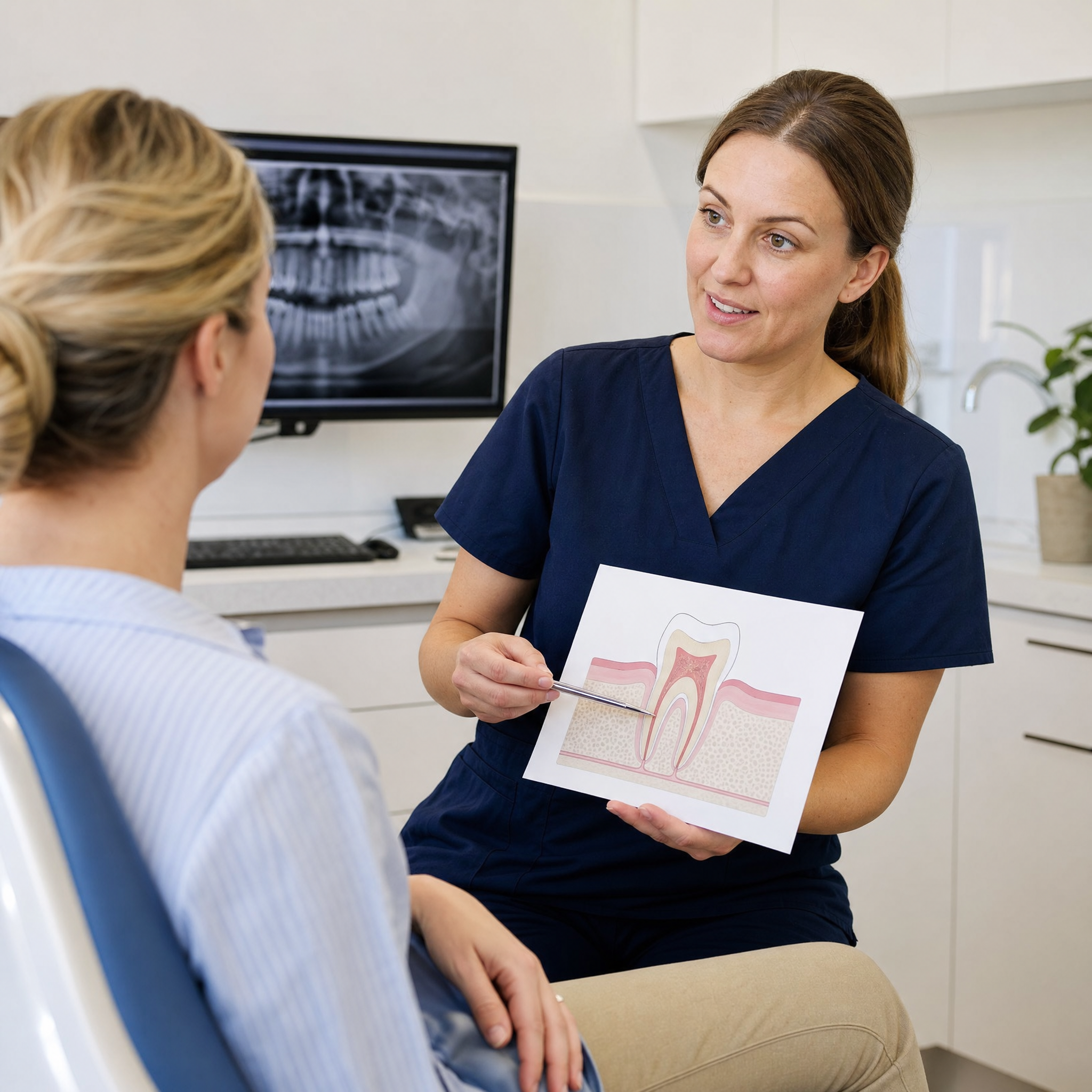 Dentist discussing an individual dental assessment with a patient in a calm clinical setting