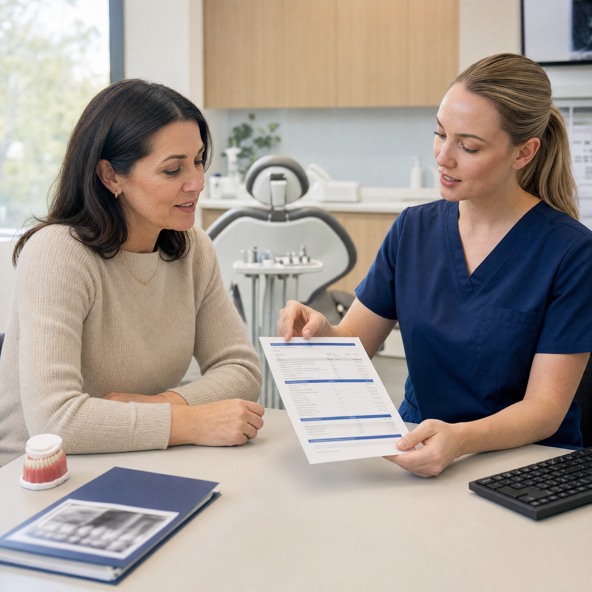 Patient reviewing dental benefit and estimated gap information with a dental professional