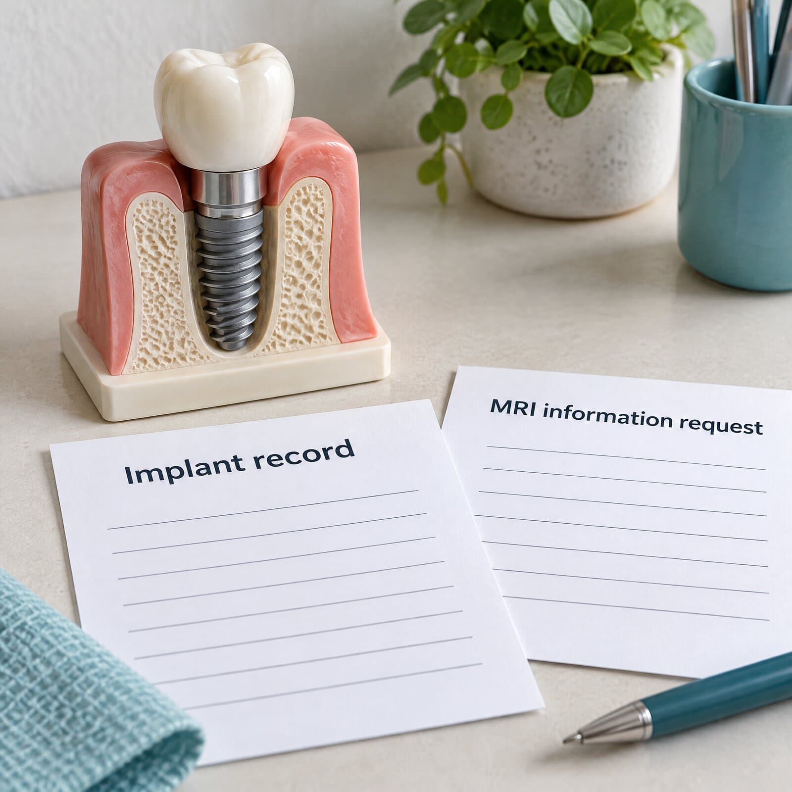 AI-generated illustration of a dental implant teaching model beside blank implant-record and MRI information-request sheets.